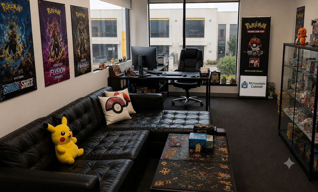 Seating area and office desk with Pokémon Trading Card Game display cabinets
