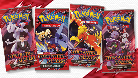 Four sealed Pokémon Trading Card Game booster packs from a recent Scarlet & Violet set