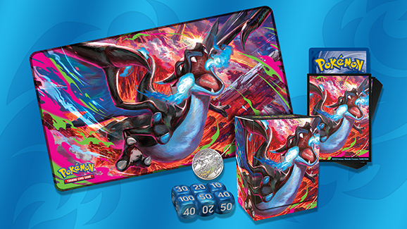 Pokémon Trading Card Game accessories including a playmat, deck box, card sleeves and dice